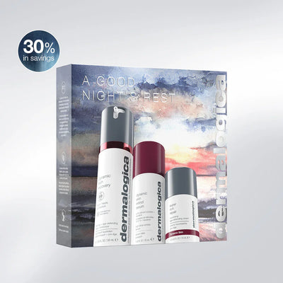 Dermalogica skincare set with Dynamic Skin Recovery, Retinol Serum, and Super Rich Repair cream in front of a sunset-themed packaging