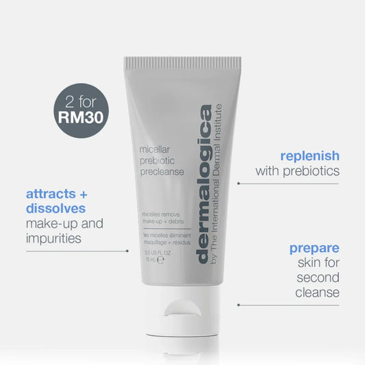 micellar prebiotic precleanse 15ml (worth RM35) attracts + dissolves make-up and impurities